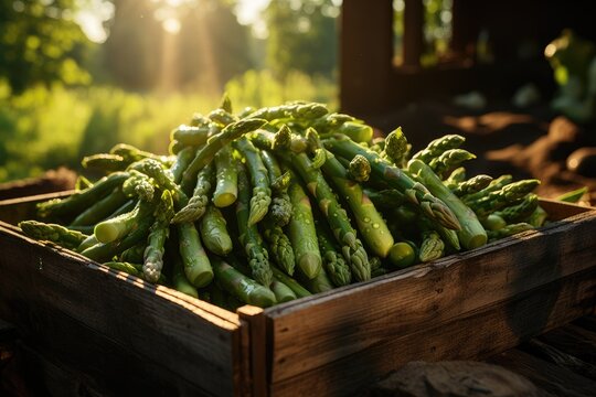 Organic asparagus in a wooden box. Generative AI