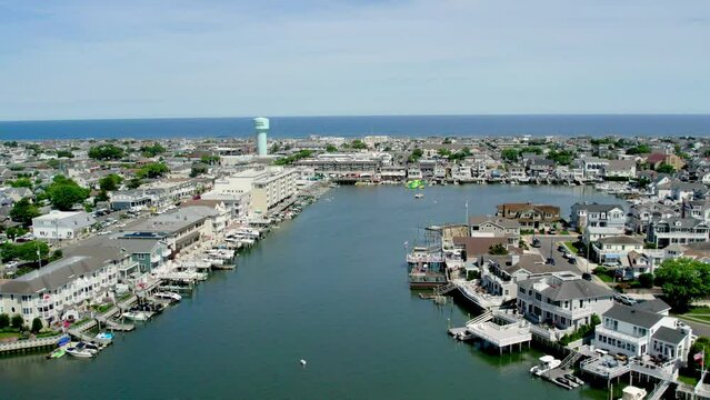 Aerial of Stone Harbor, NJ rom bay Towards Ocean.