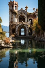 fairytale landscape with stone bridge , generative AI