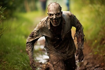 Obraz premium Relentless Pursuit: Zombie Charging Towards the Camera Generative AI