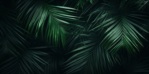 Tropical green palm leaves on dark background. Natural summer background - created with AI 
