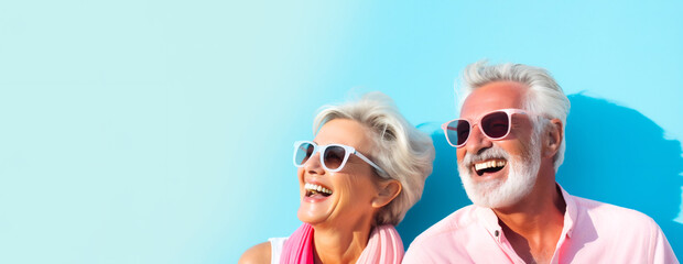 Happy Couple of mature people in sunglasses enjoying and having fun in vacations on blue background. Travel and travelers lifestyle. Close-up. Generative Ai content