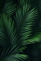 Tropical green palm leaves on dark background. Natural summer background - created with AI 
