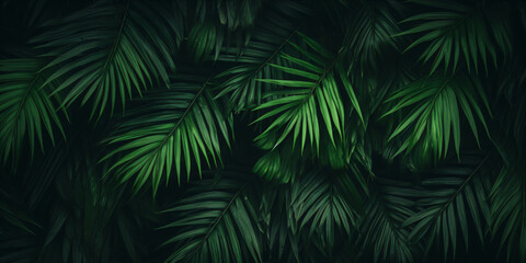 Fototapeta na wymiar Tropical green palm leaves on dark background. Natural summer background - created with AI 