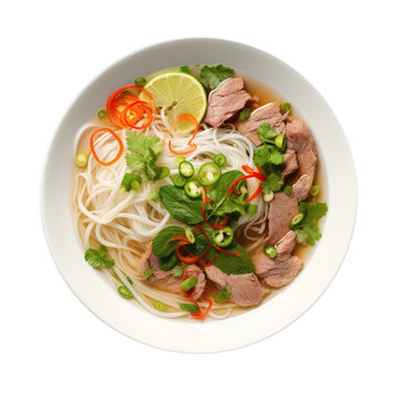 Pho Vietnamese Noodle Soup On White Plate, On Isolated Transparent Background, Png. Generative AI