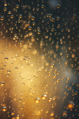 Naklejka na ściany i meble Water drops on glass with golden bokeh light background, abstract texture