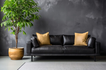 Empty grey Wall, Full of Potential: Modern black Sofa and Stylish Decor Await Your Frames & Text - Minimalist Interior Living Room Design
