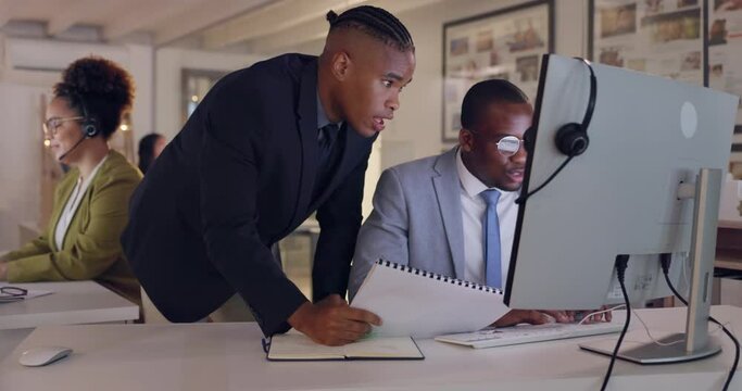 Computer, training mentor and business people in call center for customer service, support or sales at night in office. Leadership, coaching and black men helping telemarketing intern with document.