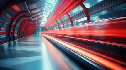 Motion blur of modern hi speed red train moving inside tunnel