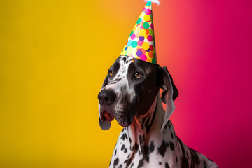Funny and friendly cute dog (Great Dane) wearing a birthday party hat in studio, on a vibrant, colorful background. Generative AI - obrazy, fototapety, plakaty