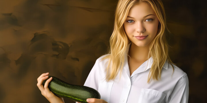 Captivating young blonde woman in pristine white coat playfully handling a massive zucchini, symbolizing natural elements with sensual allusion. Generative AI
