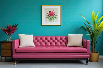 Empty turquoise Wall, Full of Potential: Modern raspberry Sofa and Stylish Decor Await Your Frames & Text - Minimalist Interior Living Room Design

