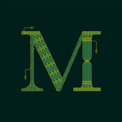 Green M Artdeco Letter. Vector Illustration of Decorative Type Word and Alphabet symbol.