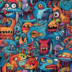 Vibrant Surrealism: Colorful Heads in Surrealistic Cartoon Style with Aztec and Street Art Influences Generative ai