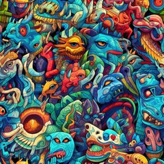 Vibrant Surrealism: Colorful Heads in Surrealistic Cartoon Style with Aztec and Street Art Influences Generative ai