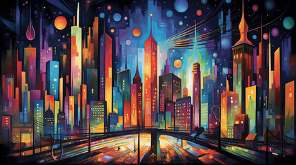 A cityscape painted in vibrant hues watercolor illustration - Generative AI.
