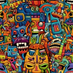 Obraz premium Vibrant Surrealism: Colorful Heads in Surrealistic Cartoon Style with Aztec and Street Art Influences Generative ai