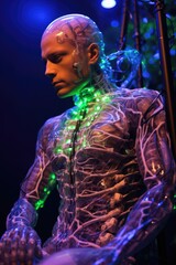 Obraz premium Synthetic Symphony: Cyborg with Colored Liquid Veins - Generative AI