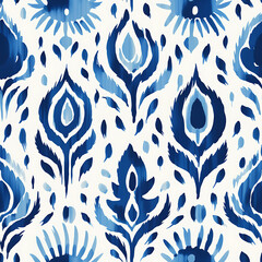 Stamp Print Ikat Seamless Pattern, inkt. Cultural motifs, Artistic pattern repetition, Stamped texture, textile.