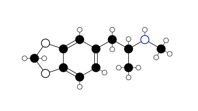 mdma molecule, structural chemical formula, ball-and-stick model, isolated image 3.4-methyl enedioxy methamphetamine