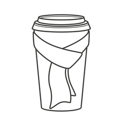 Paper cup for coffee in a scarf. Coffee to go for the winter menu. Illustration on transparent background