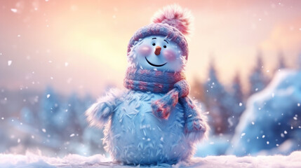 Fluffy snowman with winter hat and scarf against snowy mountain landscape. Generative AI.