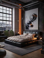 bedroom in an apartment with a double bed in a loft style