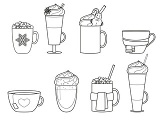 Collection of winter hot drinks in mugs and glasses. Illustration on transparent background