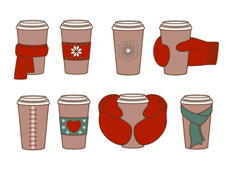 Collection of a paper cups for coffee. Coffee to go for the winter menu. Illustration on transparent background