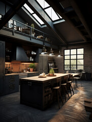 kitchen in a loft-style apartment dark tones