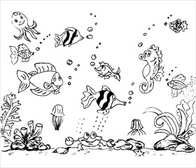 Sketch sea underwater world with marine inhabitants, hand drawn illustration. Flat style vector design template