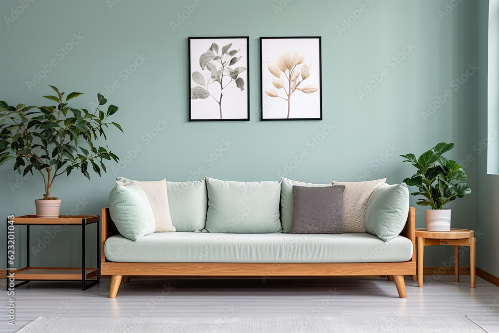 Wall mural Empty green Wall, Full of Potential: Modern mint Sofa and Stylish Decor Await Your Frames & Text - Minimalist Interior Living Room Design
