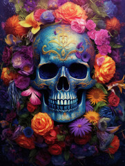 Fototapeta premium A blue skull embellished with flowers, presented in a vivid and psychedelic artistic manner. Generative AI.