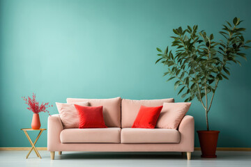 Empty light teal Wall, Full of Potential: Modern coral Sofa and Stylish Decor Await Your Frames & Text - Minimalist Interior Living Room Design
