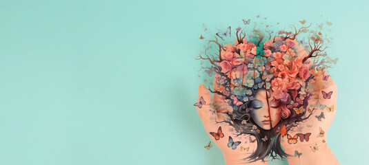 Human mind with flowers and butterflies growing from a tree, positive thinking, creative mind, self care and mental health concept, generative AI used for woman - obrazy, fototapety, plakaty