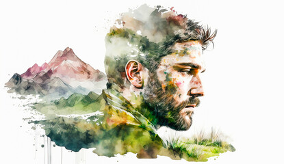 Portrait of a man double exposure with trees and mountains. Creative watercolor illustration. Generative Ai