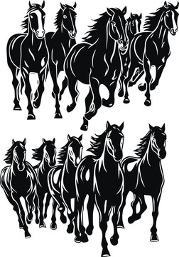 Herd of wild horses, mustang horses rushing forward, silhouette outlines of running animals group, vector Illustration, EPS