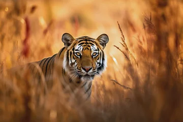 Fototapeten Great tiger male walking during the golden light time. Amazing Wildlife. Generative Ai © Shootdiem