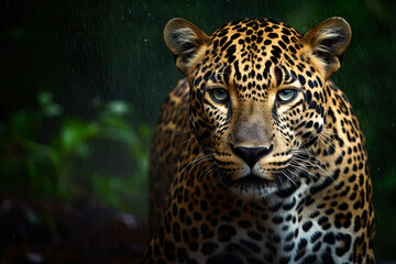 Stunning jaguar in the jungle in the rain. Amazing wildlife. generative Ai - obrazy, fototapety, plakaty