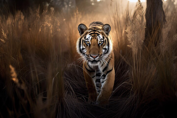 Great tiger male walking during the golden light time. Amazing Wildlife. Generative Ai