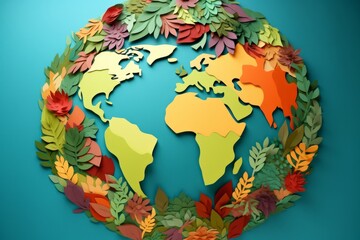 Planet earth surrounded by trees and nature. Child like paper cut out illustration