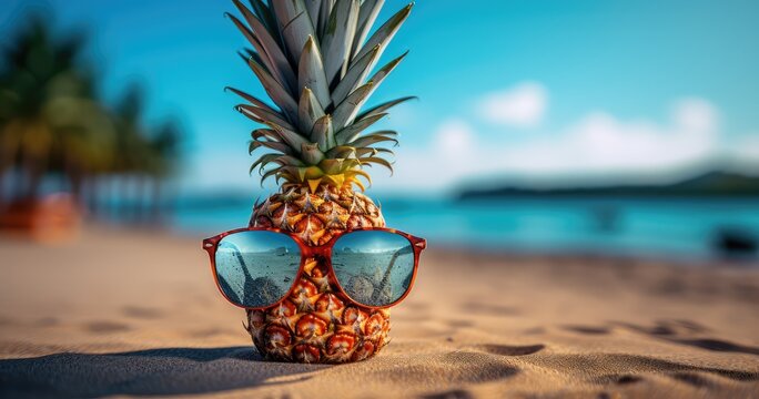 Pineapple wearing sunglasses on a tropical bech