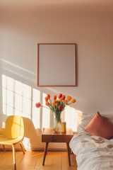 artistic frame canvas mock up in a curated scandinavian studio living room atelier setting with natural light and shadows - ai generative art