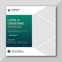 Lawn or gardening service social media post and web banner template.
Lawn care or gardening landscaping service Instagram post.