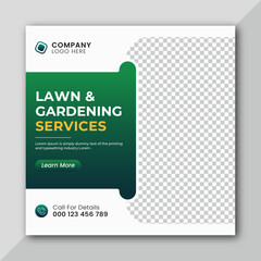 Lawn or gardening service social media post and web banner template.
Lawn care or gardening landscaping service Instagram post.