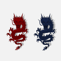 Asian red and blue Dragon with black stroke white background. Chinese dragon. Two Dragon silhouettes