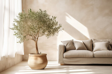 Potted Olive Tree In Beige Interior. Generative AI