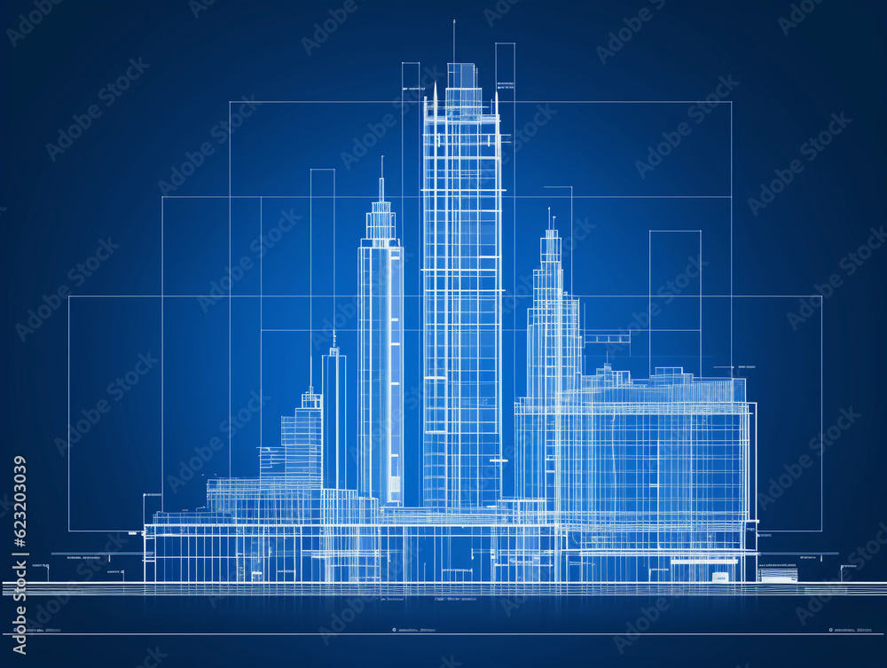 Poster a stark minimalist blueprint of a modern skyscraper, precise lines and grids on a blue background, r