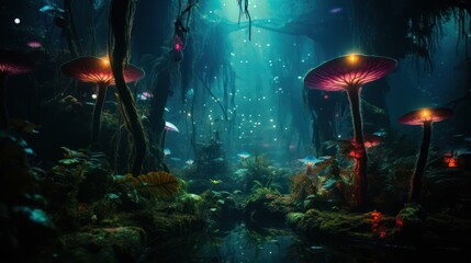 A dense jungle teeming with vibrant, bioluminescent flora, creating a surreal and ethereal atmosphere. Jungle, Bioluminescence, Fantasy, Mirrorless, Macro lens
A dense jungle teeming with vibrant, bio