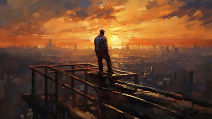 A vivid impressionist painting of a steelworker silhouetted against a setting sun, high above the city on a steel beam, evoking a sense of serenity and solitude